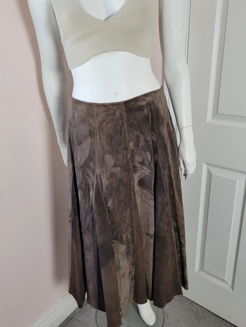 Vintage Maxene Couture NY Genuine Leather Suede Skirt Size 14 Brown-MINT Condit